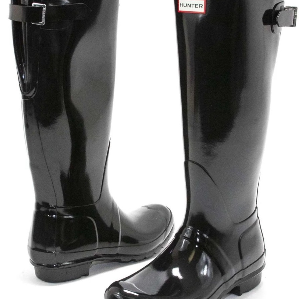 Hunter Glossy Black Knee-High Boots with Adjustable Calf Size 9